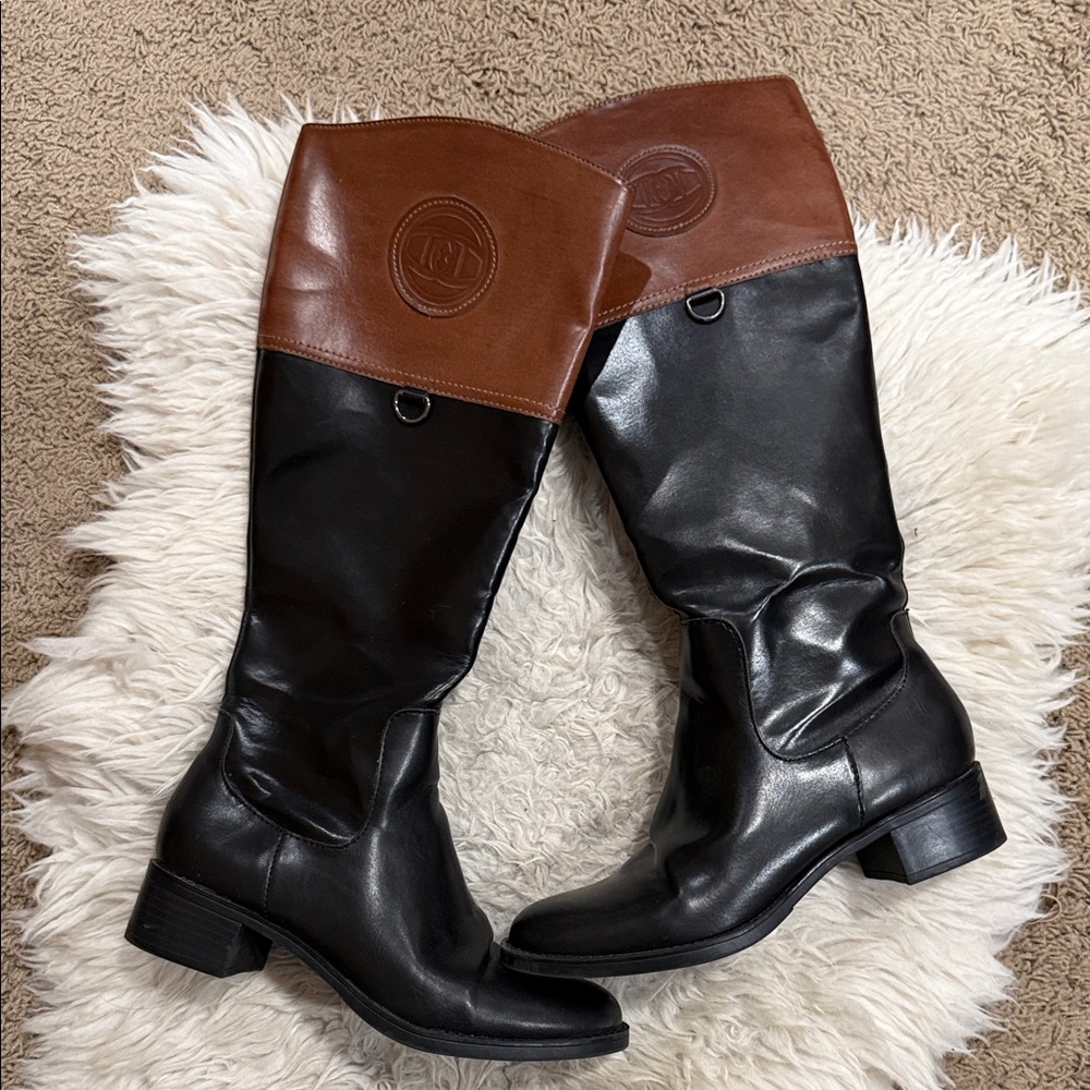 Etienne Aigner Chastity Wide‎ Shaft Tall Riding Boots Black Brown 8 Equestrian